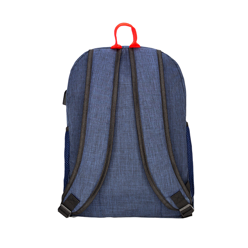 Rear view of slim poly-fabric backpack in navy blue: padded straps, black plastic buckles and black trim, red handle on top