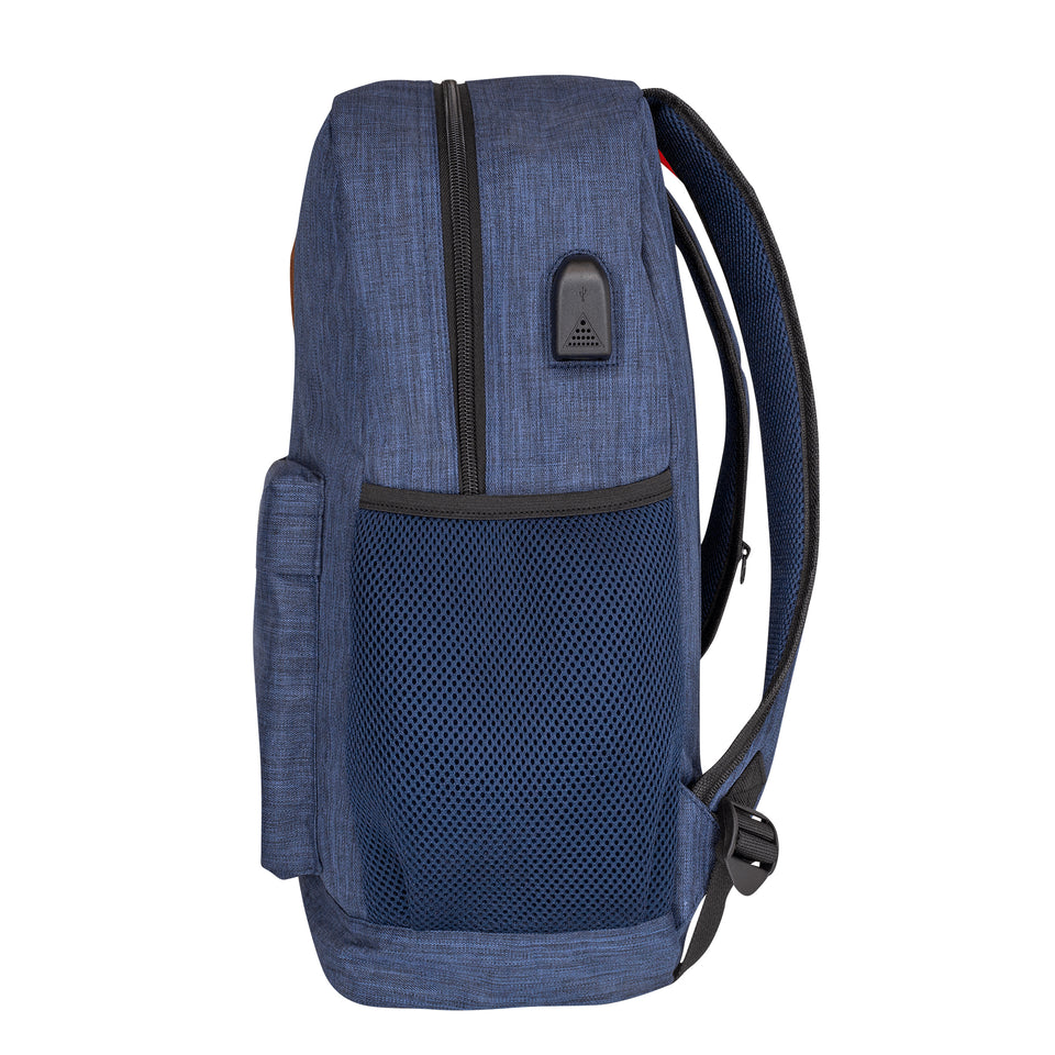 Side view of slim poly-fabric backpack in navy blue: open mesh side pocket below black plastic USB port, padded mesh straps