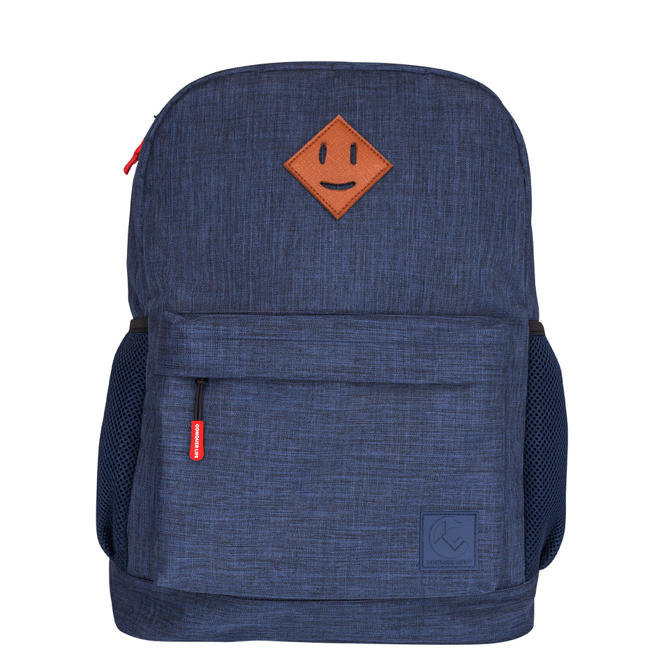 Front view of slim poly-fabric backpack in navy blue: brown faux-leather smile patch, zipper pocket with red rubber pull