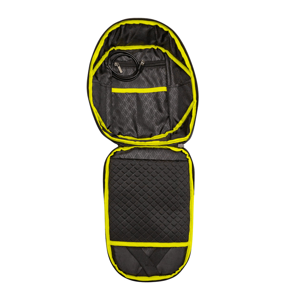 Inside view of unzipped sling bag: black lining, yellow trim, padded 9" tablet sleeve, USB cable, 1 open pocket, 1 zippered