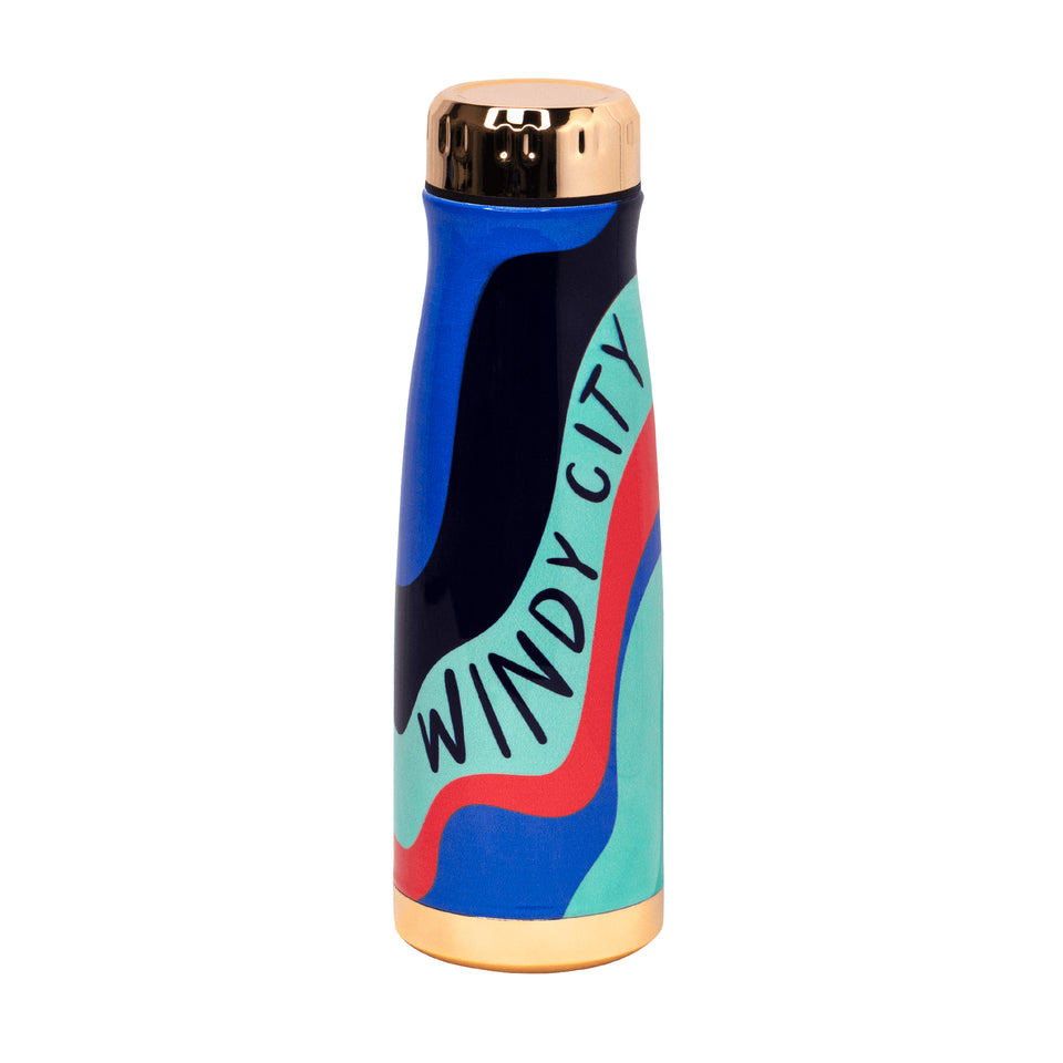 Metal bottle with black, blue, mint, & coral waves, Windy City in black capital letters at center, gold-tone cap and base