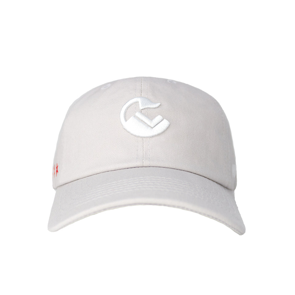 Front view of light gray cotton-nylon baseball cap, white embroidered Conquer Life logo at the center